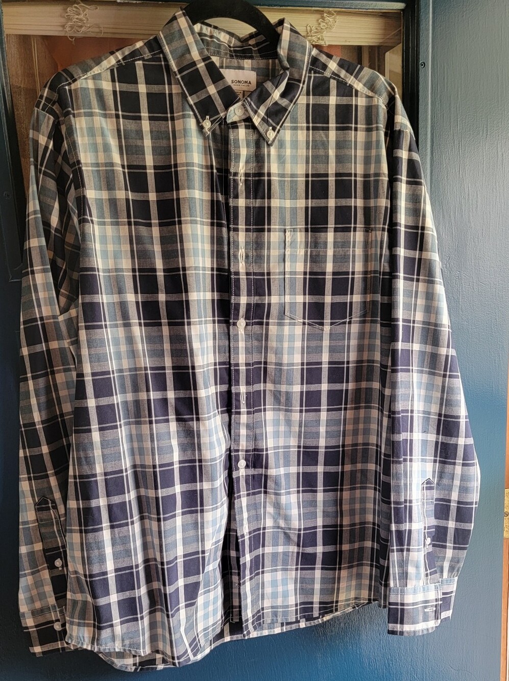 SONOMA Men's Navy and Light Blue Plaid Button-Down Shirt